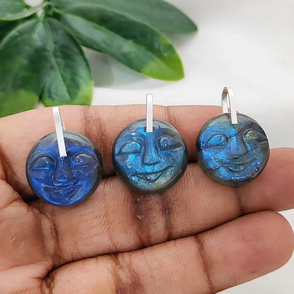Smiling Moon Face Pendant Hand Carved Labradorite Face Charm with Flashy Blue Fire, Spiritual Amulet Jewelry Making Supply- Selling Per Piece