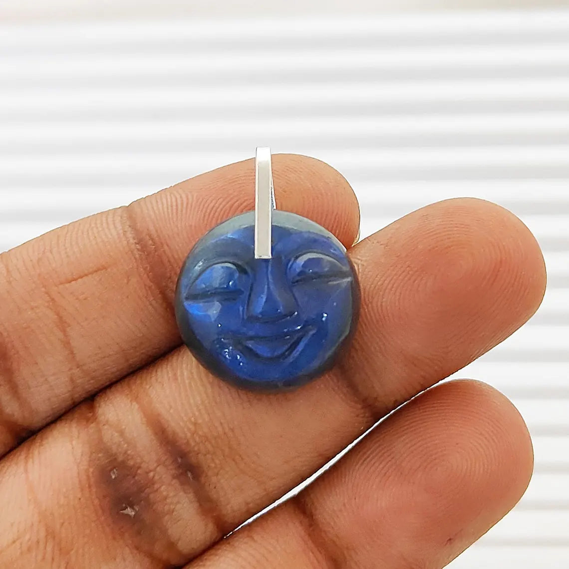 Smiling Moon Face Pendant Hand Carved Labradorite Face Charm with Flashy Blue Fire, Spiritual Amulet Jewelry Making Supply- Selling Per Piece