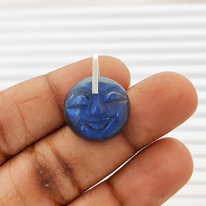 Smiling Moon Face Pendant Hand Carved Labradorite Face Charm with Flashy Blue Fire, Spiritual Amulet Jewelry Making Supply- Selling Per Piece