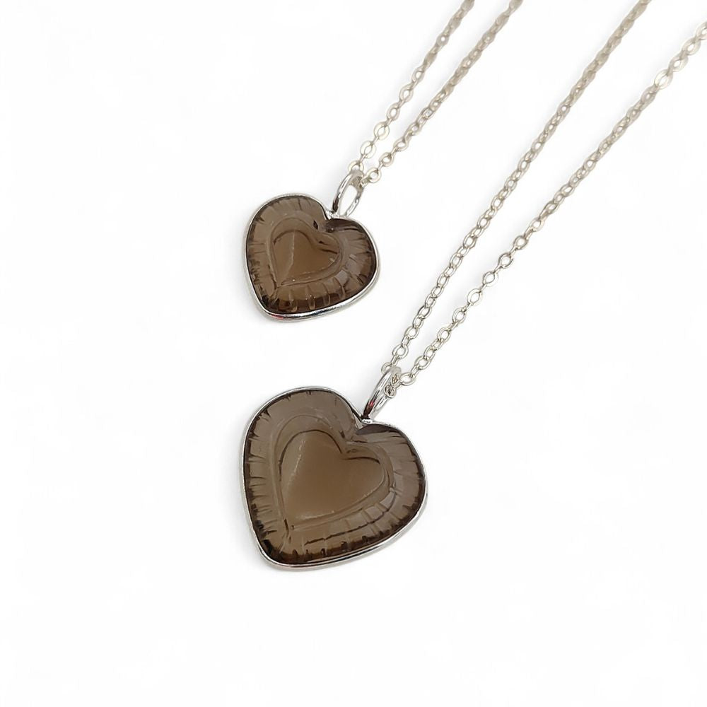 Smoky Quartz Necklace with Carved Heart Pendant – Minimalist Jewelry for Birthdays & Anniversaries