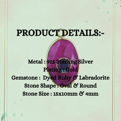 Gorgeous Dyed Ruby & Labradorite Oval Shape Charm Double Stone Bezel Set Birthstone Pendant in Gold-Plated Sterling Silver- Selling/Pcs