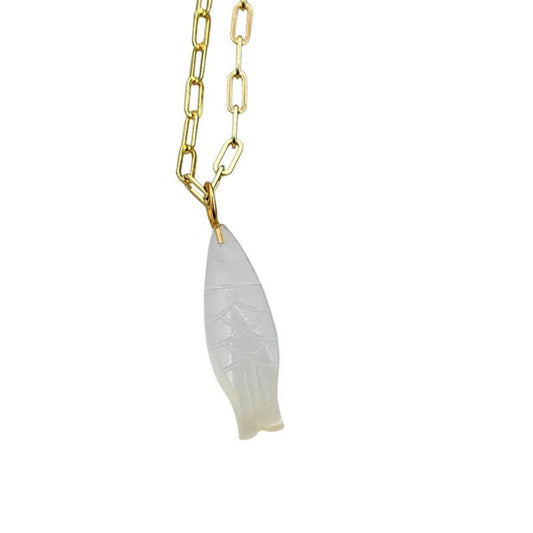 Spiritual White Moonstone Carved Fish Necklace Healing Crystal Pendant in Boho Gold Plate Chain- Selling Per Piece