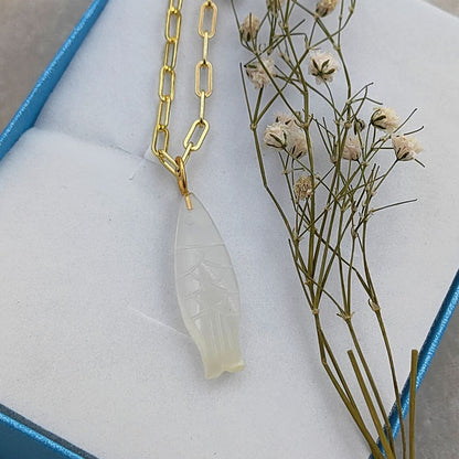 Spiritual White Moonstone Carved Fish Necklace Healing Crystal Pendant in Boho Gold Plate Chain- Selling Per Piece