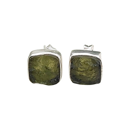 Square Raw Moldavite Stud Earrings in 925 Sterling Silver Handmade Natural Green Crystal Earrings- Selling Per Pair