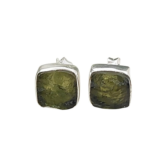 Square Raw Moldavite Stud Earrings in 925 Sterling Silver Handmade Natural Green Crystal Earrings- Selling Per Pair
