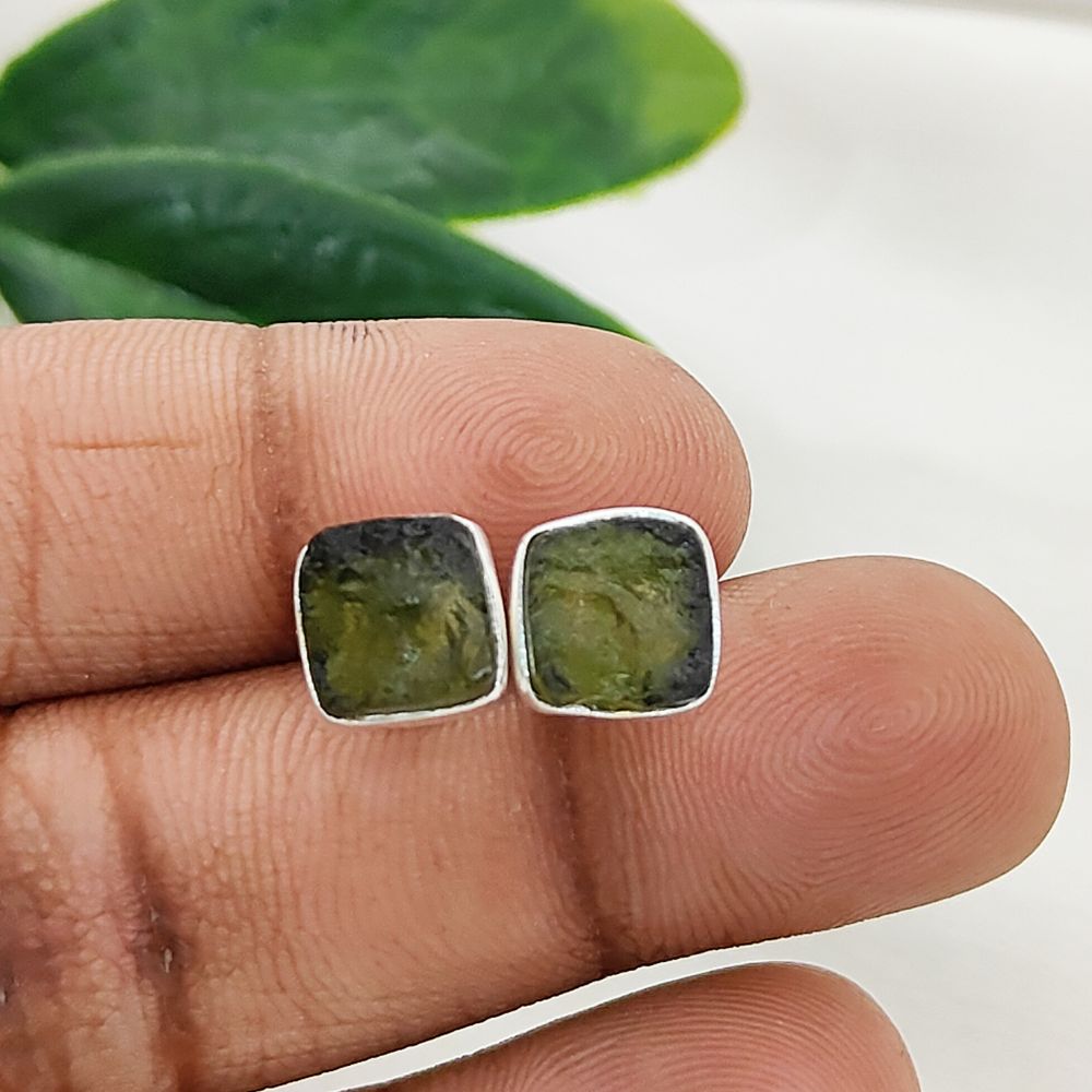 Square Raw Moldavite Stud Earrings in 925 Sterling Silver Handmade Natural Green Crystal Earrings- Selling Per Pair