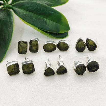 Square Raw Moldavite Stud Earrings in 925 Sterling Silver Handmade Natural Green Crystal Earrings- Selling Per Pair