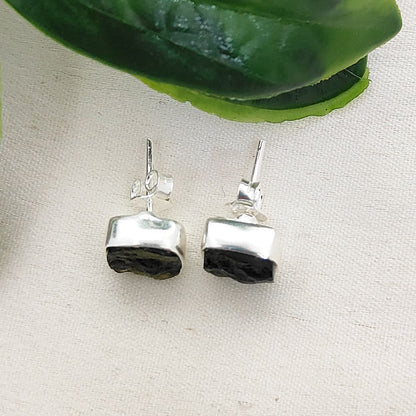 Square Raw Moldavite Stud Earrings in 925 Sterling Silver Handmade Natural Green Crystal Earrings- Selling Per Pair