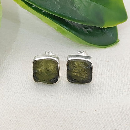 Square Raw Moldavite Stud Earrings in 925 Sterling Silver Handmade Natural Green Crystal Earrings- Selling Per Pair