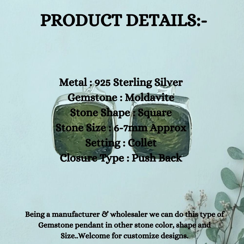 Square Raw Moldavite Stud Earrings in 925 Sterling Silver Handmade Natural Green Crystal Earrings- Selling Per Pair