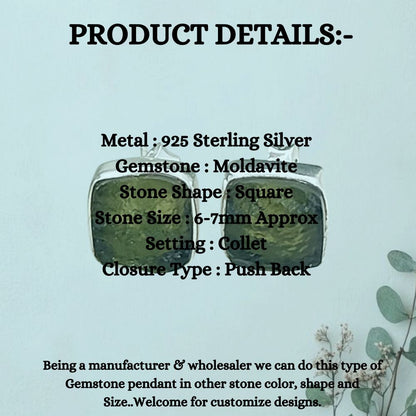 Square Raw Moldavite Stud Earrings in 925 Sterling Silver Handmade Natural Green Crystal Earrings- Selling Per Pair