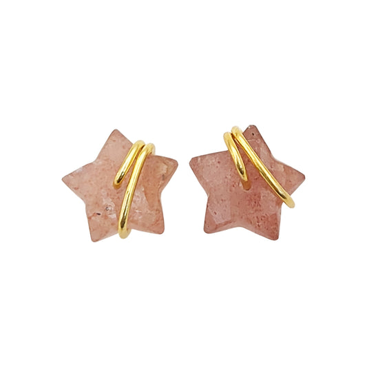 Strawberry Quartz Star Studs 10mm Handmade Gold Plated Sterling Silver Earrings, Elegant Gemstone Gift for Women- Selling Per Pair