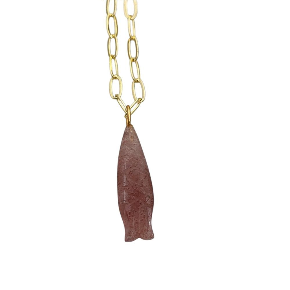 Pink Strawberry Quartz Fish Carved Pendant Necklace Gold Paperclip Chain Boho Handmade Jewelry for Women- Selling Per Piece