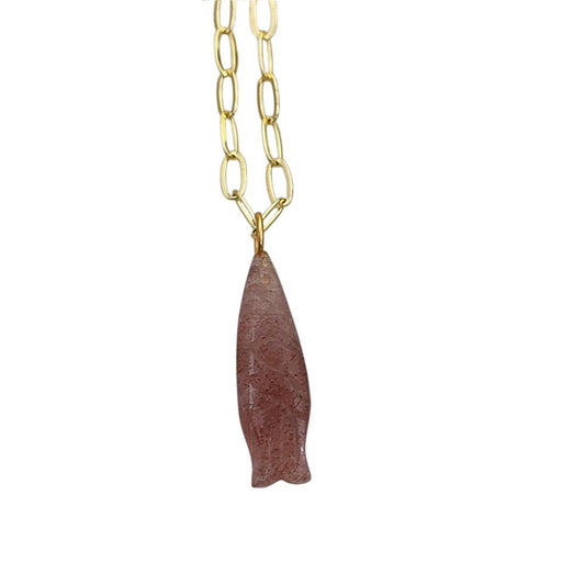 Pink Strawberry Quartz Fish Carved Pendant Necklace Gold Paperclip Chain Boho Handmade Jewelry for Women- Selling Per Piece