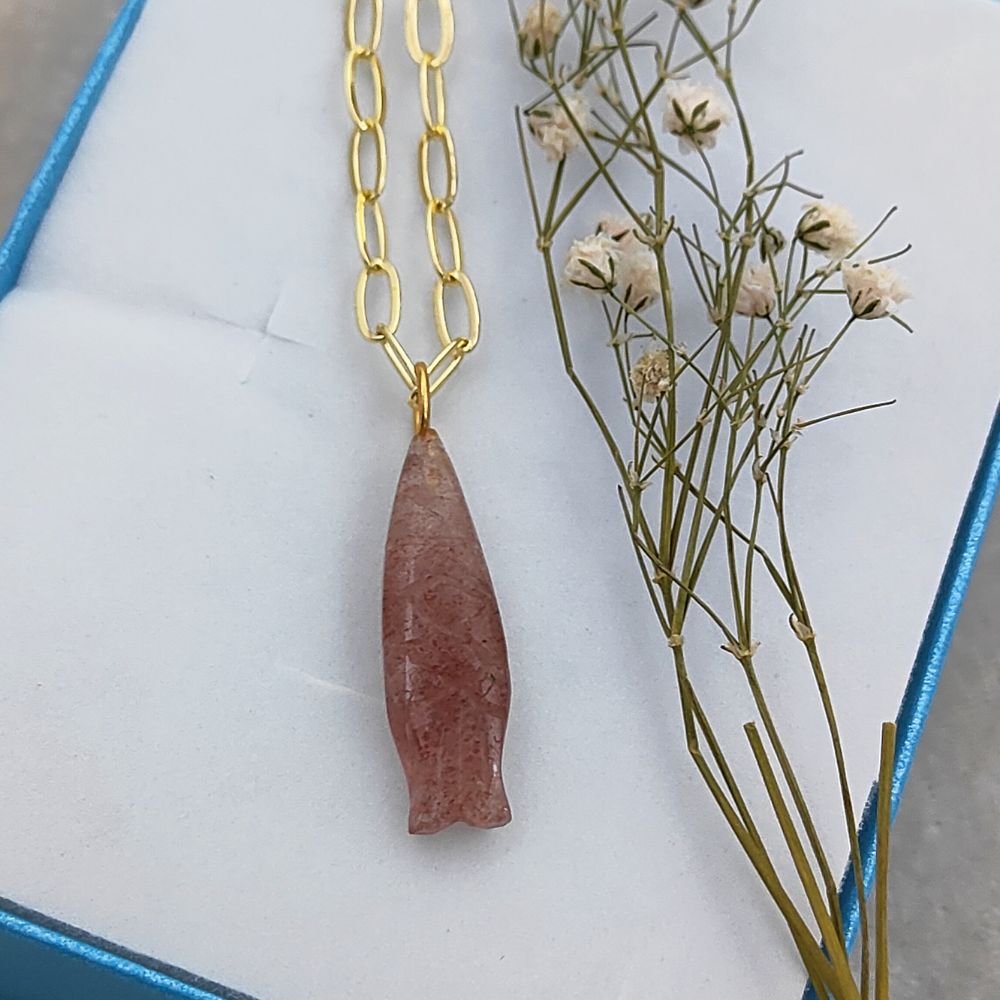 Pink Strawberry Quartz Fish Carved Pendant Necklace Gold Paperclip Chain Boho Handmade Jewelry for Women- Selling Per Piece
