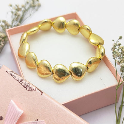 Stretchable Gold Plated 14mm Heart Beads Bracelet Minimalist Stackable Jewelry for Women- Selling by Bracelet