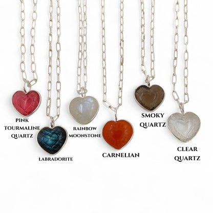 Hand-Carved Heart Gemstone Pendant Necklace with Gold Plated Paperclip Chain Dainty Handmade Jewelry- Selling Per Piece