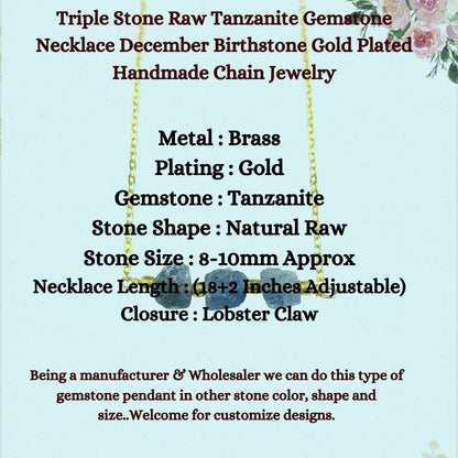 Triple Stone Raw Tanzanite Gemstone Necklace December Birthstone Gold Plated Handmade Chain Jewelry for Gift- Selling Per Piece