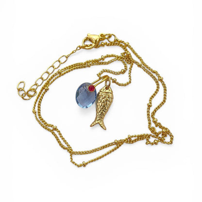 Tanzanite Fish Necklace, Gold Plated Tropical Beach Charm Pendant, Ocean Inspired Layered Jewelry for Women, Handmade Elegant Summer Gift