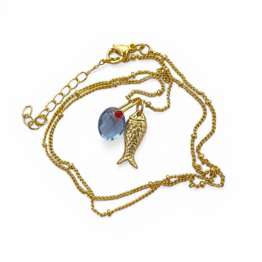 Tanzanite Fish Necklace, Gold Plated Tropical Beach Charm Pendant, Ocean Inspired Layered Jewelry for Women, Handmade Elegant Summer Gift