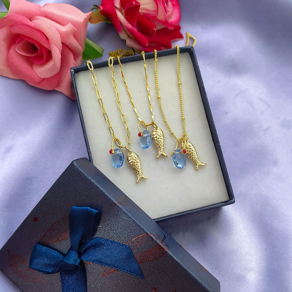 Tanzanite Fish Necklace, Gold Plated Tropical Beach Charm Pendant, Ocean Inspired Layered Jewelry for Women, Handmade Elegant Summer Gift