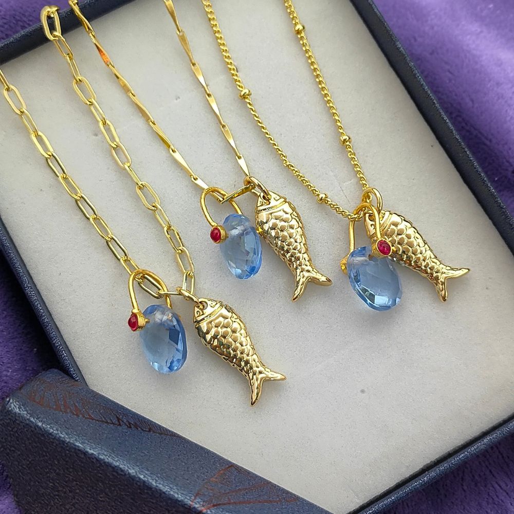 Tanzanite Fish Necklace, Gold Plated Tropical Beach Charm Pendant, Ocean Inspired Layered Jewelry for Women, Handmade Elegant Summer Gift