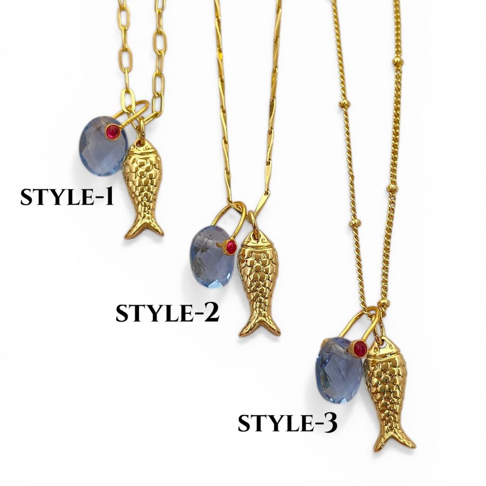 Tanzanite Fish Necklace, Gold Plated Tropical Beach Charm Pendant, Ocean Inspired Layered Jewelry for Women, Handmade Elegant Summer Gift