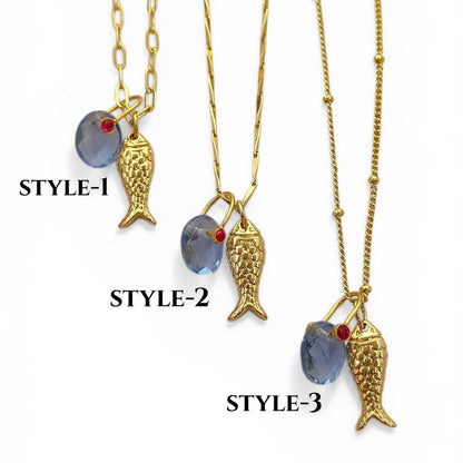 Tanzanite Fish Necklace, Gold Plated Tropical Beach Charm Pendant, Ocean Inspired Layered Jewelry for Women, Handmade Elegant Summer Gift
