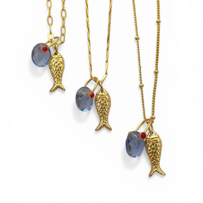 Tanzanite Fish Necklace, Gold Plated Tropical Beach Charm Pendant, Ocean Inspired Layered Jewelry for Women, Handmade Elegant Summer Gift