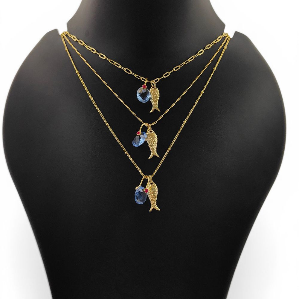 Tanzanite Fish Necklace, Gold Plated Tropical Beach Charm Pendant, Ocean Inspired Layered Jewelry for Women, Handmade Elegant Summer Gift