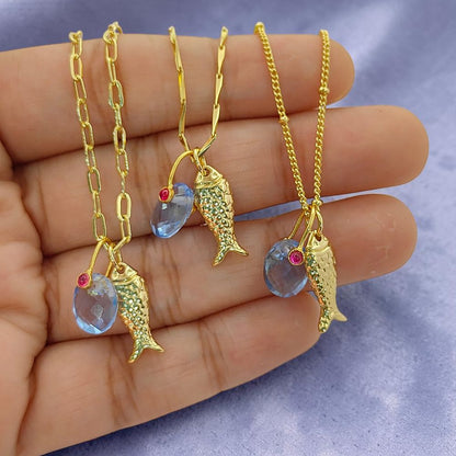 Tanzanite Fish Necklace, Gold Plated Tropical Beach Charm Pendant, Ocean Inspired Layered Jewelry for Women, Handmade Elegant Summer Gift