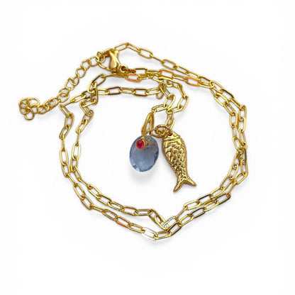 Tanzanite Fish Necklace, Gold Plated Tropical Beach Charm Pendant, Ocean Inspired Layered Jewelry for Women, Handmade Elegant Summer Gift