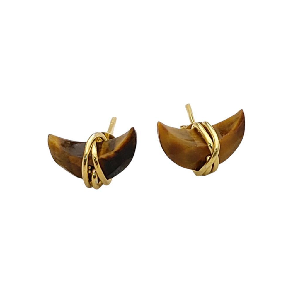 Tiger’s Eye Crescent Stud Earring, Celestial Minimalist Gold Plated Gemstone Jewelry- Selling Per Pair