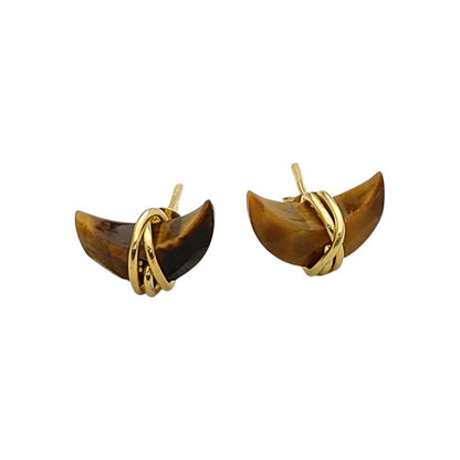 Tiger’s Eye Crescent Stud Earring, Celestial Minimalist Gold Plated Gemstone Jewelry- Selling Per Pair