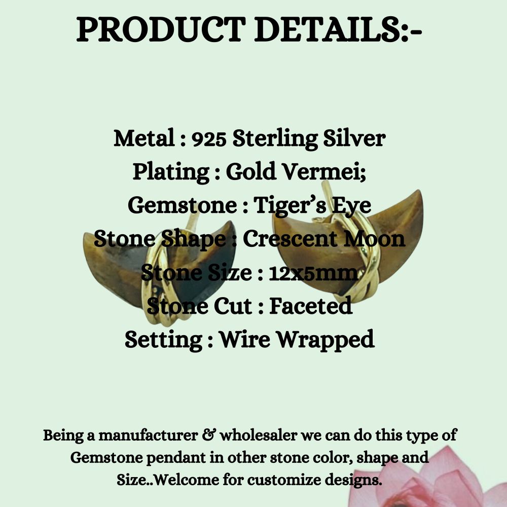 Tiger’s Eye Crescent Stud Earring, Celestial Minimalist Gold Plated Gemstone Jewelry- Selling Per Pair