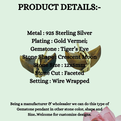 Tiger’s Eye Crescent Stud Earring, Celestial Minimalist Gold Plated Gemstone Jewelry- Selling Per Pair