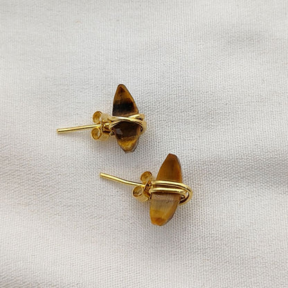 Tiger’s Eye Crescent Stud Earring, Celestial Minimalist Gold Plated Gemstone Jewelry- Selling Per Pair