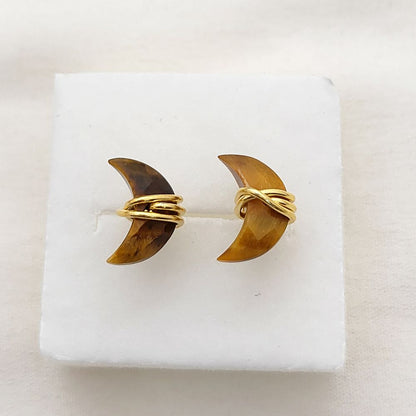 Tiger’s Eye Crescent Stud Earring, Celestial Minimalist Gold Plated Gemstone Jewelry- Selling Per Pair