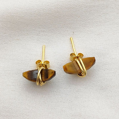 Tiger’s Eye Crescent Stud Earring, Celestial Minimalist Gold Plated Gemstone Jewelry- Selling Per Pair
