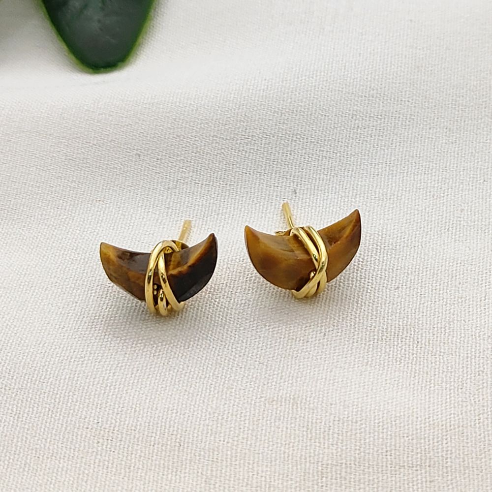 Tiger’s Eye Crescent Stud Earring, Celestial Minimalist Gold Plated Gemstone Jewelry- Selling Per Pair
