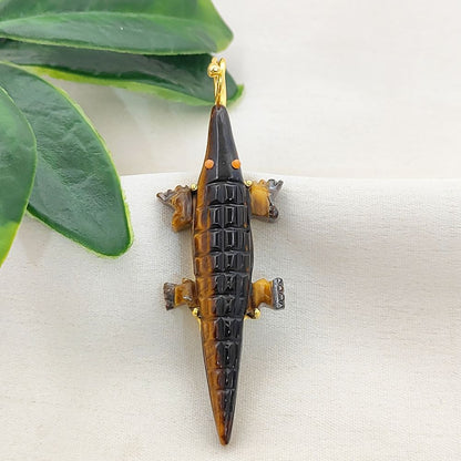 Tiger’s Eye Gemstone Crocodile Pendant for Necklace Hand-Carved Alligator Animal Charm Gold Plated Tribal Boho Jewelry for Unisex – Selling Per Piece