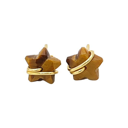 Tiger’s Eye Star Stud Earrings 10mm Handmade Gold Plated Sterling Silver Gemstone Studs- Selling Per Pair