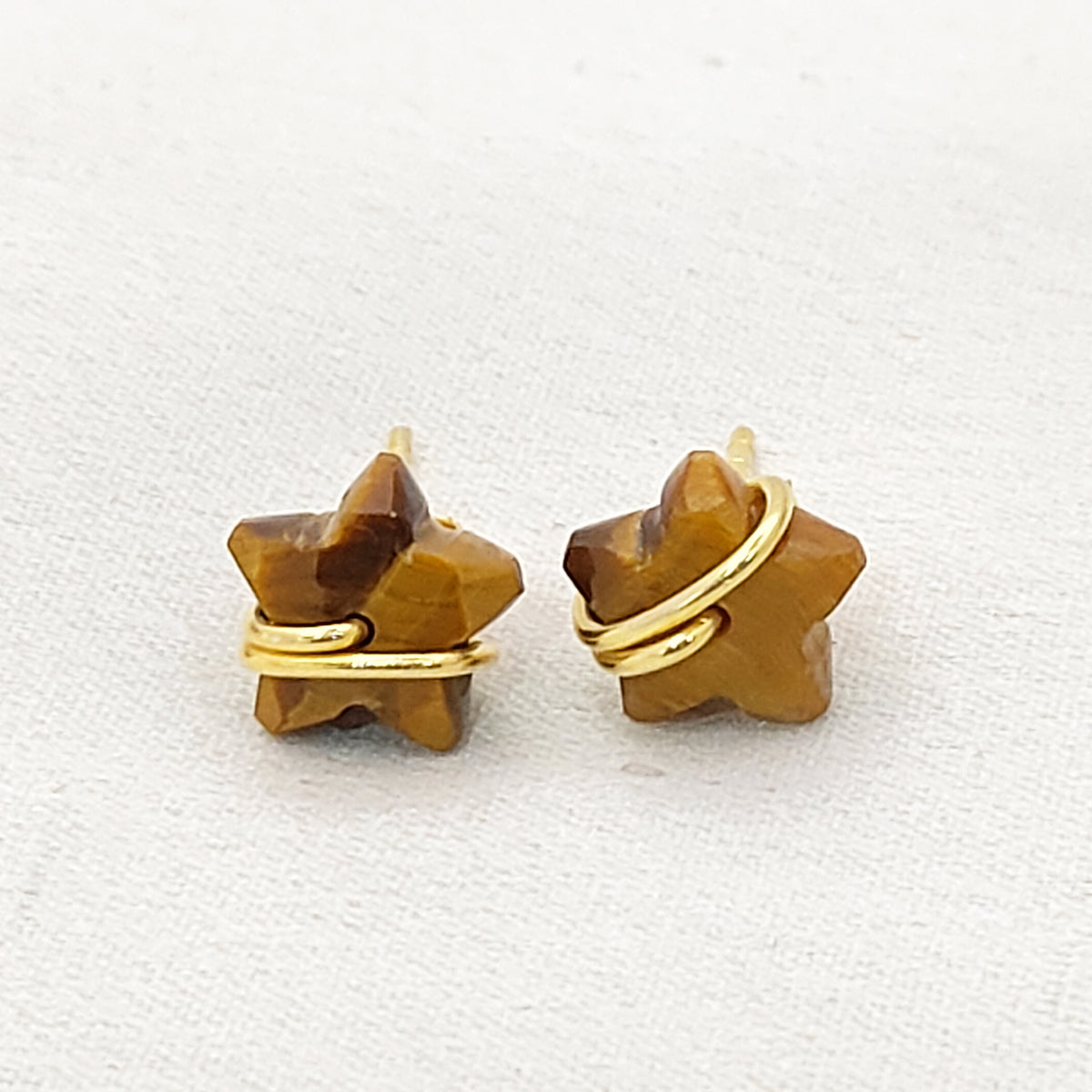Tiger’s Eye Star Stud Earrings 10mm Handmade Gold Plated Sterling Silver Gemstone Studs- Selling Per Pair