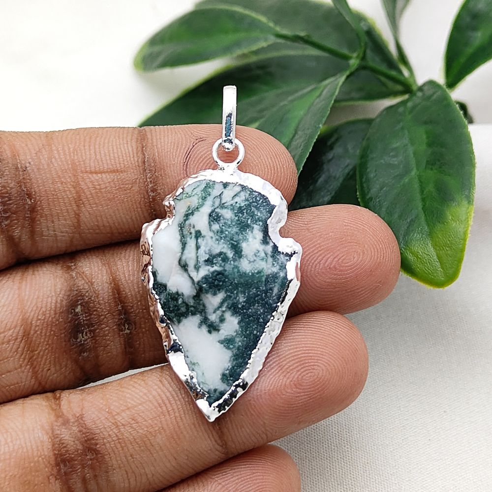 Tree Agate Tribal Style Pendant, Gold/Silver Electroplated Arrowhead Charm for Handmade Boho Jewelry Projects – Selling Per Piece