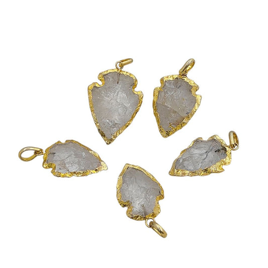 Tribal Style Clear Quartz Arrowhead Pendant Gold Electroplated Gemstone Charm for Boho Jewelry Making- Selling Per Piece