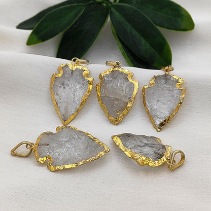 Tribal Style Clear Quartz Arrowhead Pendant Gold Electroplated Gemstone Charm for Boho Jewelry Making- Selling Per Piece