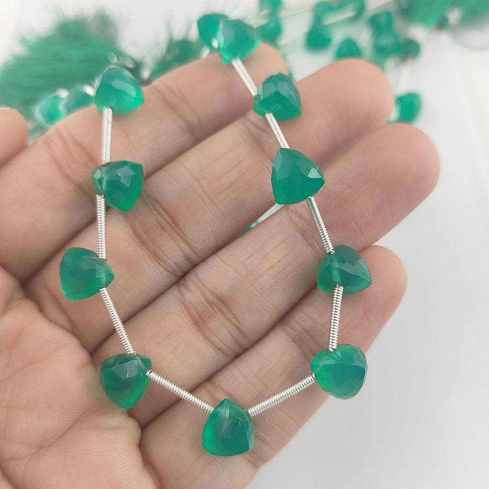 Trillion Shape Green Onyx Faceted Gem Beads