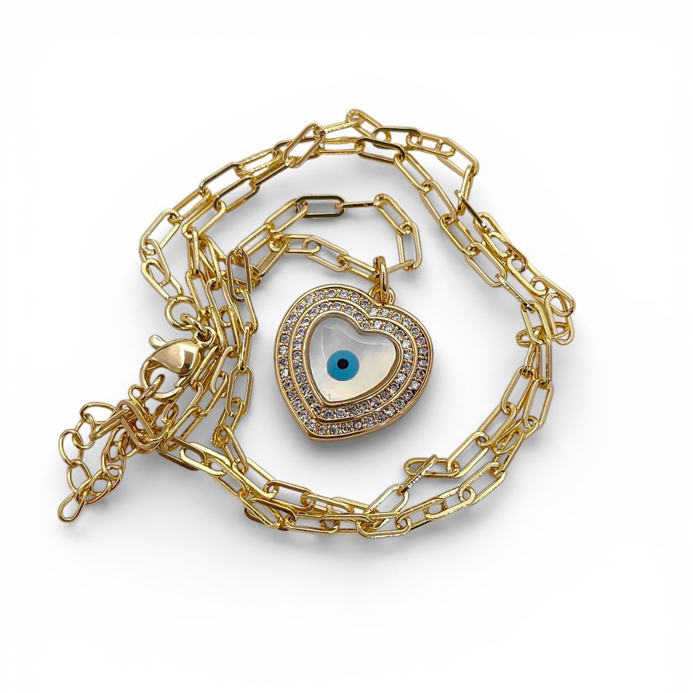 Turkish Evil Eye Heart Necklace for Women, 18K Gold Plated Enamel Pendant with Micropavé Cubic Zirconia, Stylish Boho Protection Jewelry- Selling Per Piece