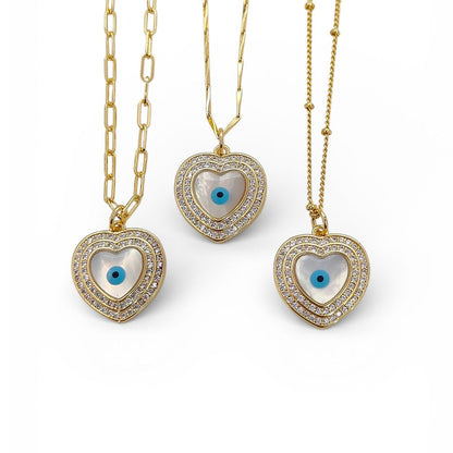 Turkish Evil Eye Heart Necklace for Women, 18K Gold Plated Enamel Pendant with Micropavé Cubic Zirconia, Stylish Boho Protection Jewelry- Selling Per Piece