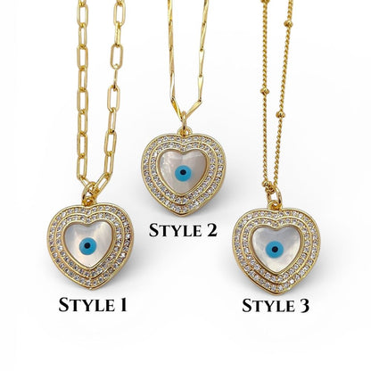 Turkish Evil Eye Heart Necklace for Women, 18K Gold Plated Enamel Pendant with Micropavé Cubic Zirconia, Stylish Boho Protection Jewelry- Selling Per Piece